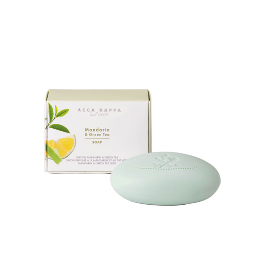 Mandarin & green tea soap bar with packaging labeled Acca Kappa  on a white background