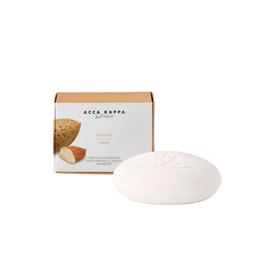Acca Kappa almond soap bar with packaging on a white background