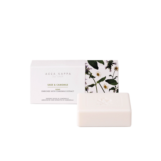 Bar of soap with a floral packaging label on a white background